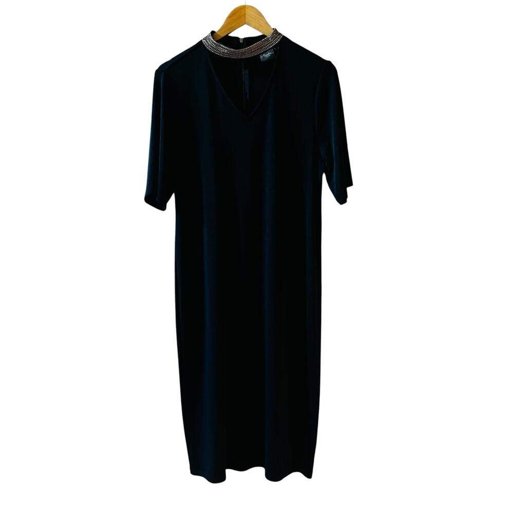 Chicos Travelers Choker Neck Shift Midi Dress Size L Large Navy